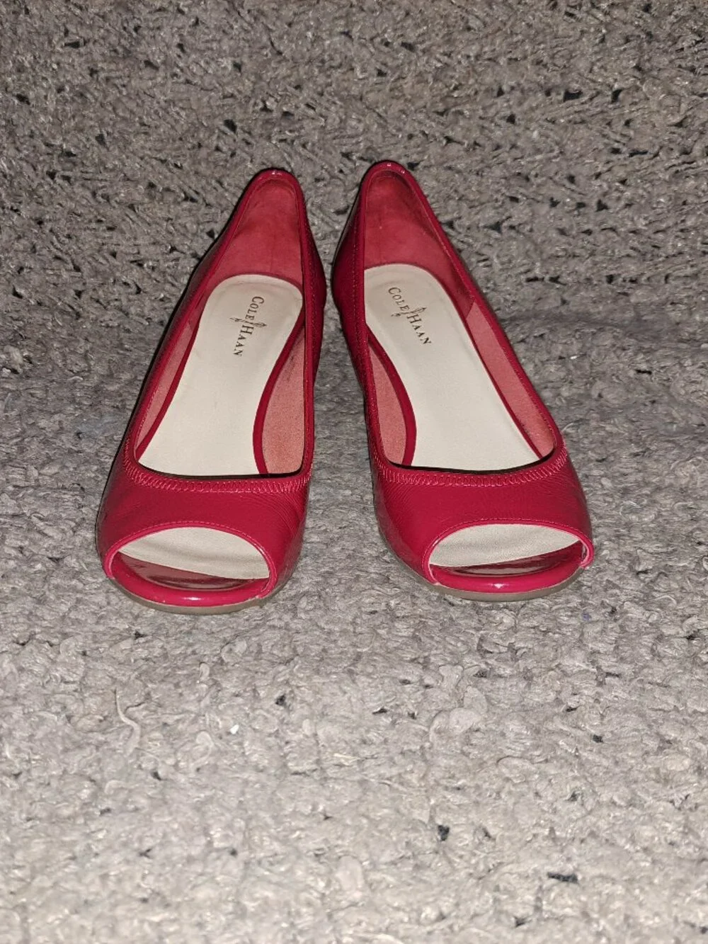 COLE HAAN- Cherry Red Patent Leather-Peep Toe Espadrille Wedge-Sz 6-Near Mint